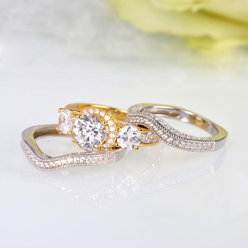 Jeulia Three Side Pave Round Cut Sterling Silver Ring Set