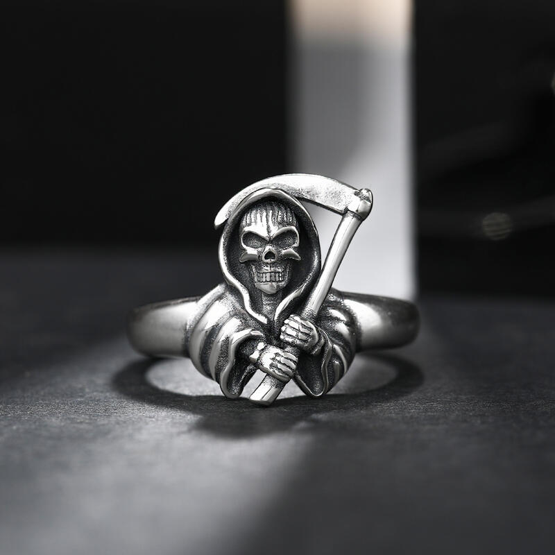 Jeulia Anillo parca guadaña para hombre de plata calavera punk