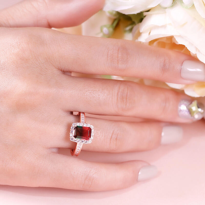 Jeulia Halo Smaragd skärning sterling silver vattenmelon ring set