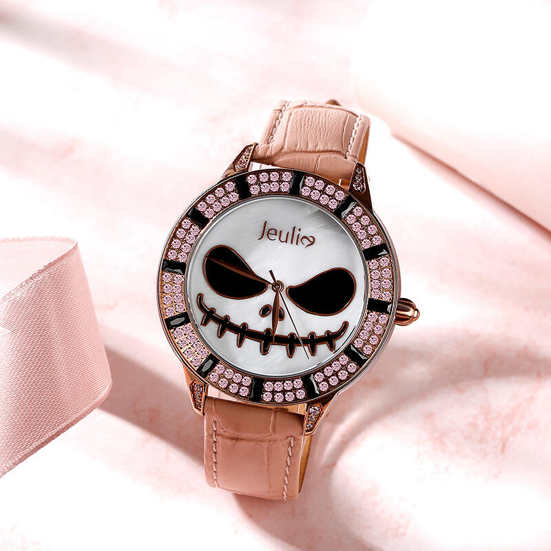 Jeulia "Magic at Midnight" Skull Design Quartz Pink Leather Watch with Mother-of-Pearl Dial