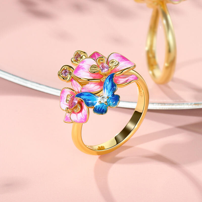 Jeulia バタフライ フラワー 蝶 花 エナメル シルバー リング