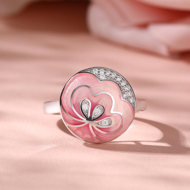 Jeulia Anillo Redondo de Plata Esmaltada Flor Pétalo Rosa