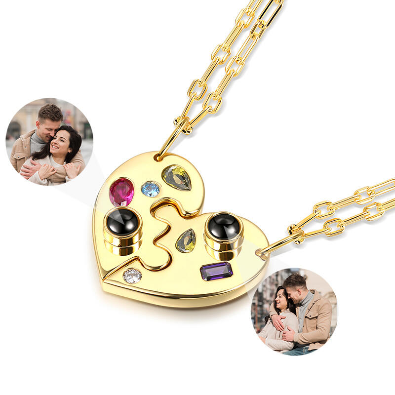 Jeulia Two Half Heart Puzzle Personalized Photo Projection Sterling Silver Necklace