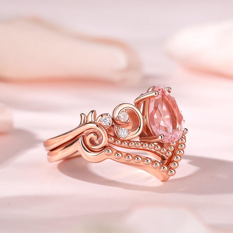 Jeulia V-shaped Pear Cut Synthetic Morganite Sterling Silver Ring Set