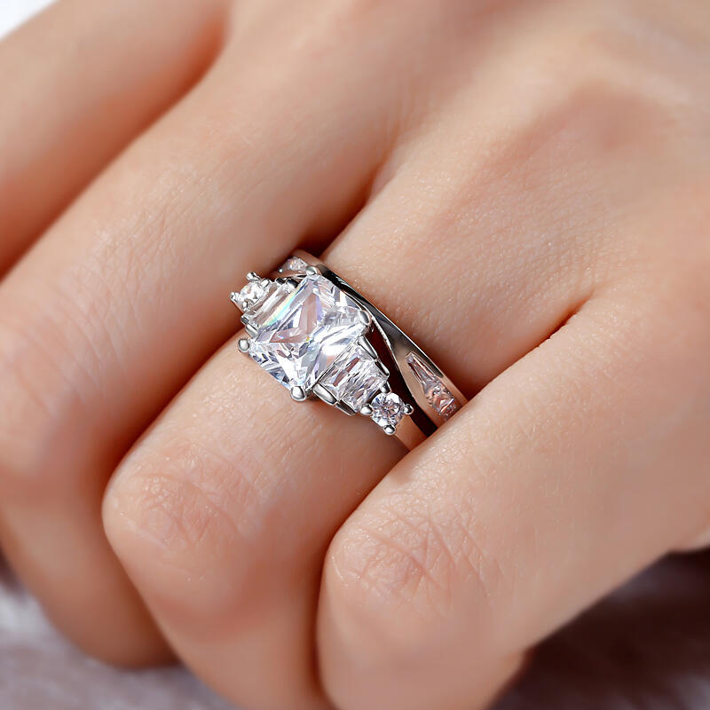 Jeulia Contemporary Design Radiant Cut Sterling Silver Ring Set