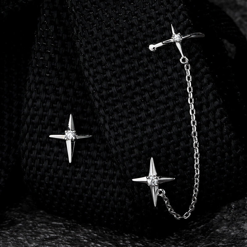 Jeulia "Four-Point Star" Sterling Silver Ear Cuff with Chain
