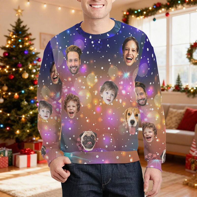 Personalized Ugly Sweater Unisex Custom Face Photo Dreamy Lights Design Perfect Christmas Gift for Family