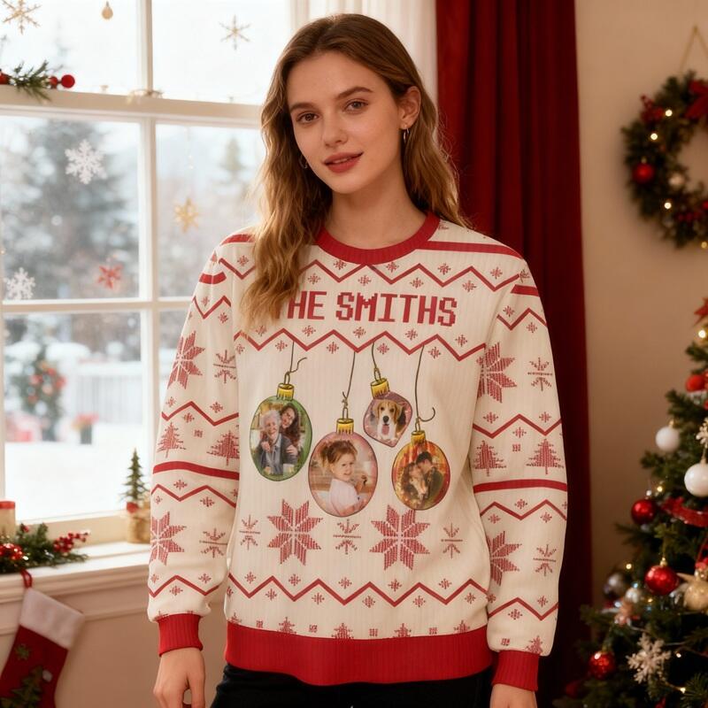Personalisierter hässliche Weihnachtspullover Unisex mit individuellem Foto Lichterkette Design Kreatives Weihnachtsgeschenk für die Familie