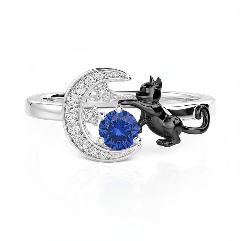 Jeulia Custom Black Cat Moon and Star Ring With Birthstone