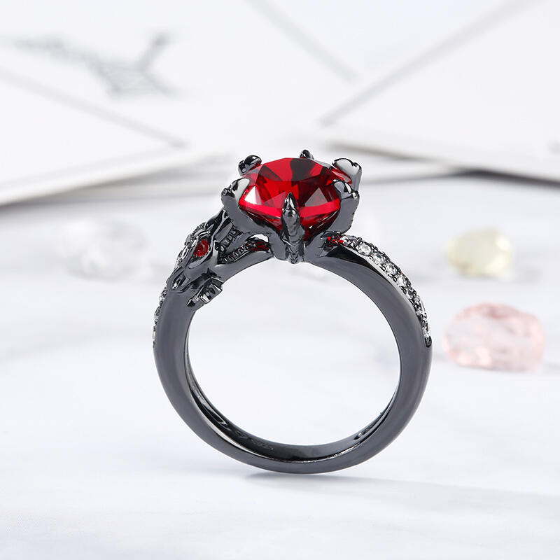 Jeulia Anillo De Dragón De Plata Con Color Negro En Talla De Redonda Con Piedra Roja