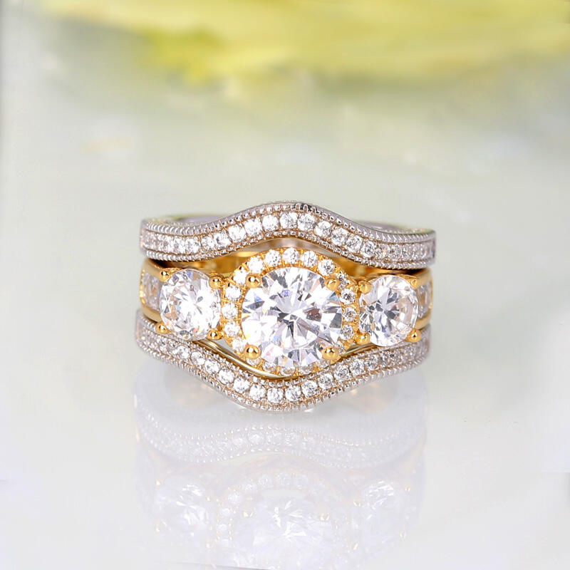 Jeulia Three Side Pave Round Cut Sterling Silver Ring Set