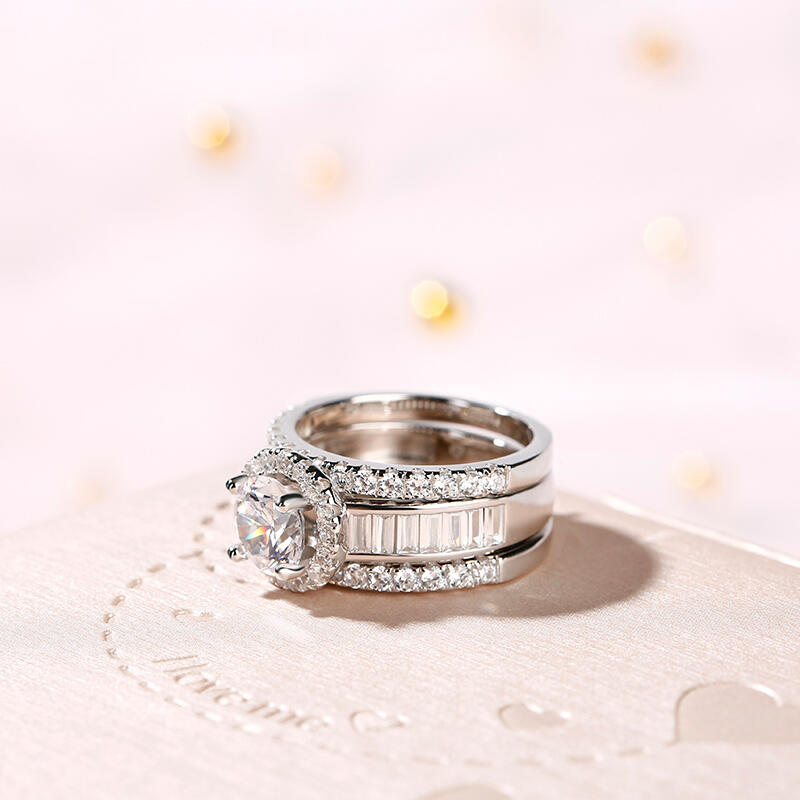 Jeulia 3PC Halo Round Cut Sterling Silver Ring Set