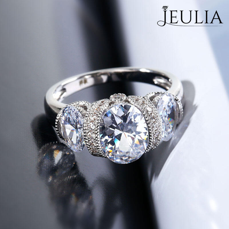 Jeulia Milgrain Three Stone Oval Cut Sterling Silver Ring