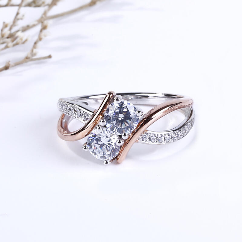 Jeulia Two Stone Crossover Round Cut Sterling Silver Ring