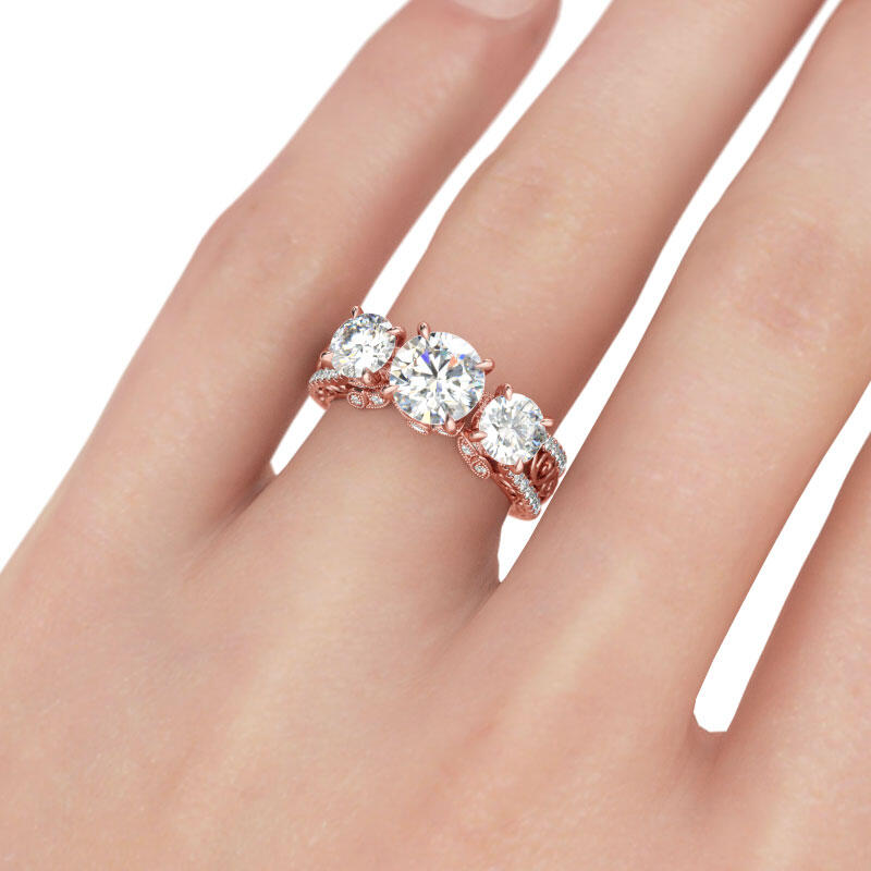 Jeulia Scrollwork Three Stone Round Cut Sterling Silver Ring