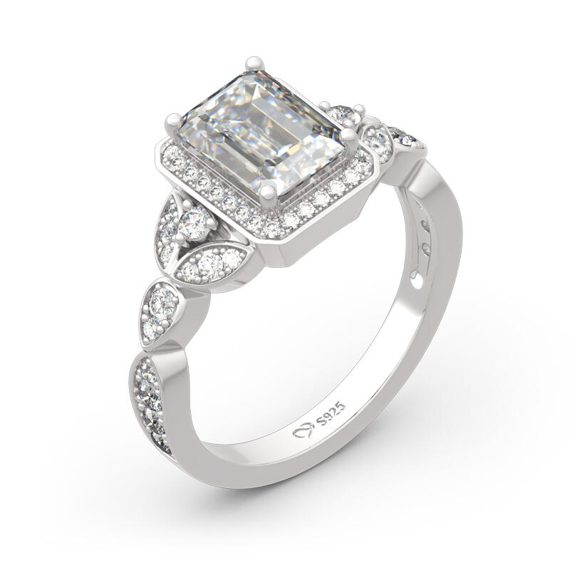 Jeulia Leaf Design Emerald Cut Sterling Silver Ring