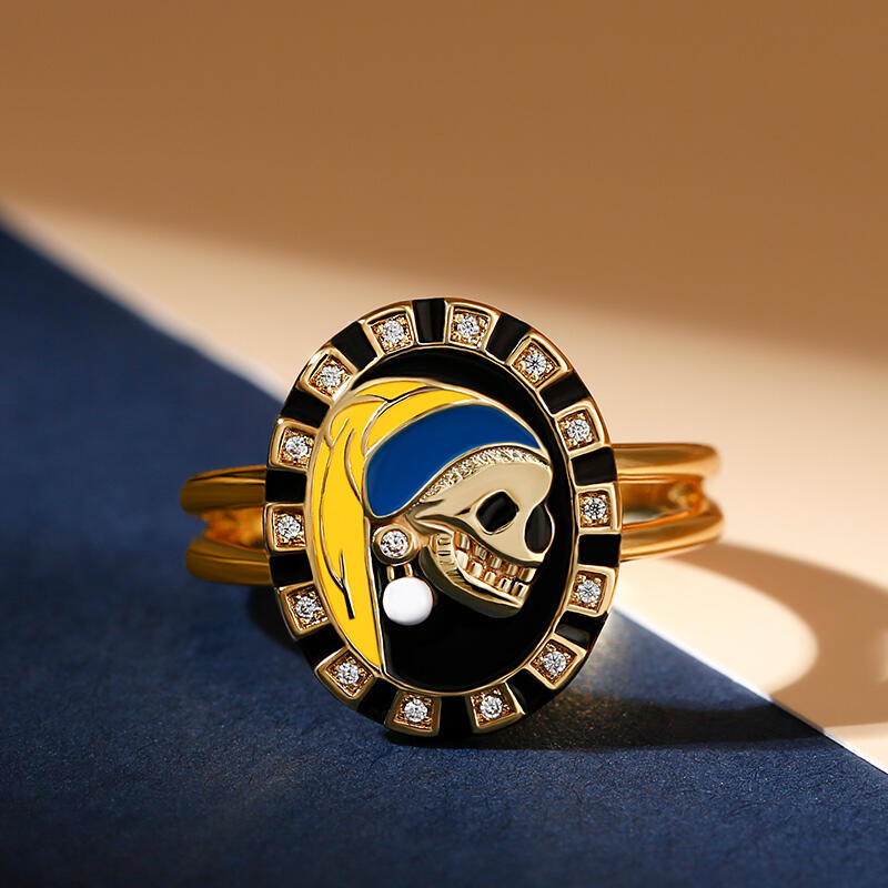 Jeulia "Skull with a Pearl Earring" Two Tone Sterling Silver Ring