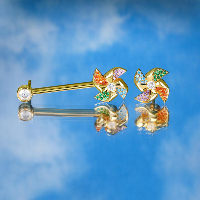 Jeulia Pendientes giratorios asimétricos con colgantes de molinos de colores de plata de ley