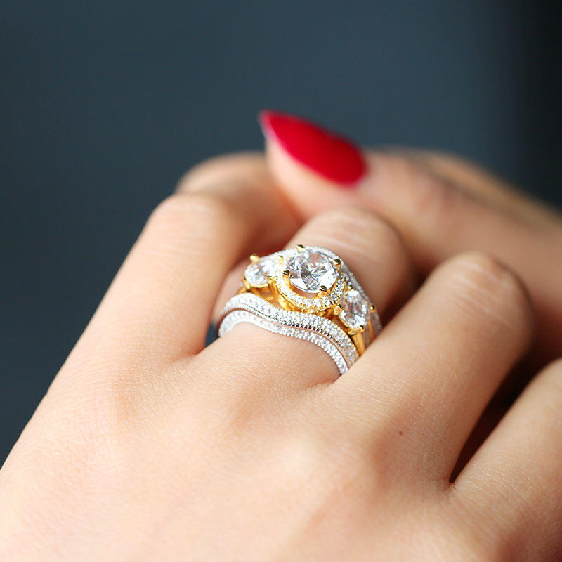 Jeulia Three Side Pave Round Cut Sterling Silver Ring Set