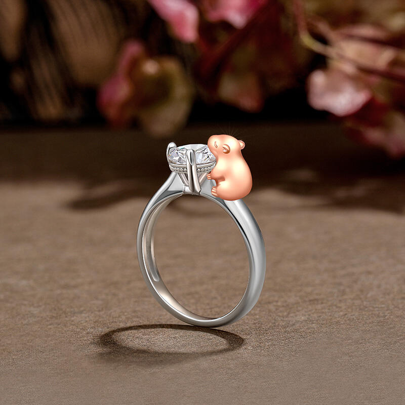 Jeulia Hug Me Capybara Ring Round Cut Sterling Silver