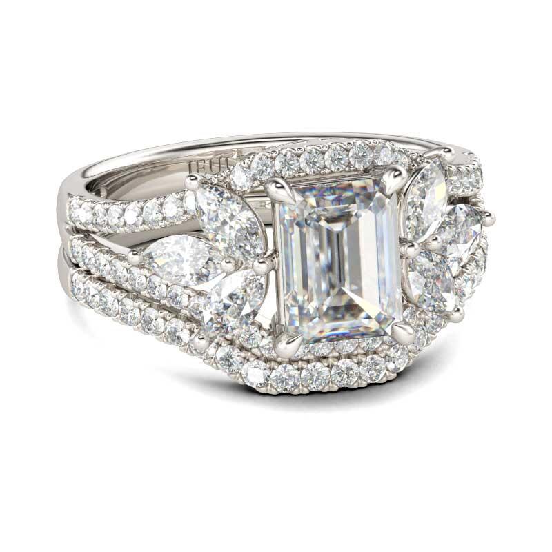 Jeulia Flower Design Emerald Cut Sterling Silver Ring Set
