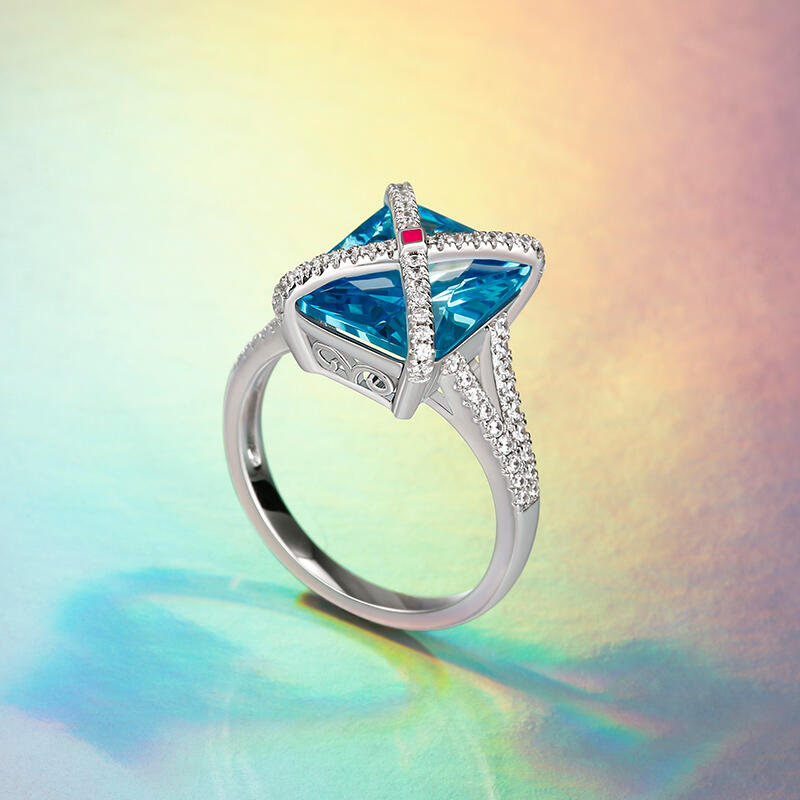 Jeulia Anillo de plata de ley piedra azul con corte de esmeralda