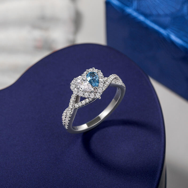 Jeulia Halo Double Pear Cut Custom Heart Promise Ring with Twist Band