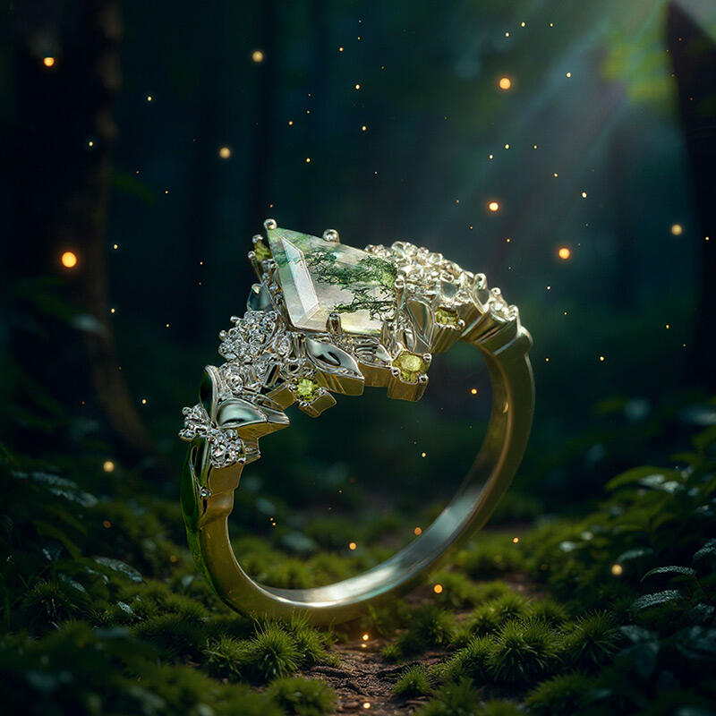 Jeulia Midsummer Night Pansy Flower Moss Agate Engagement Ring