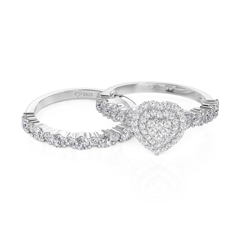Jeulia Juego de Anillos de Compromiso Corazón Doble Halo de Plata de Ley