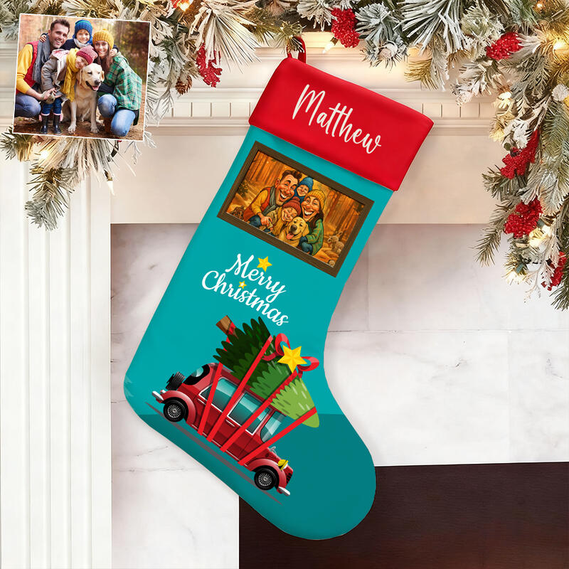 Personliga julstrumpor med anpassade tecknade foton och namn julklappspåsar