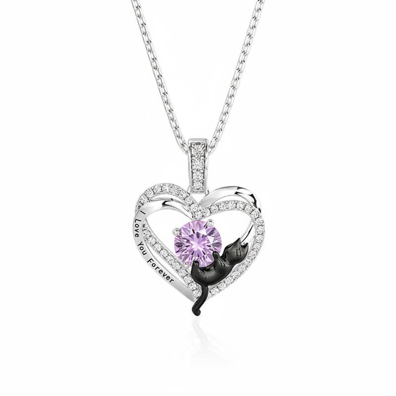 Jeulia Custom Black Cat Double Heart Necklace With Birthstone