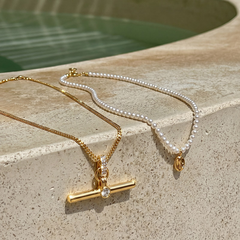 Minimalist Pearl Gold T-Bar Necklace Set