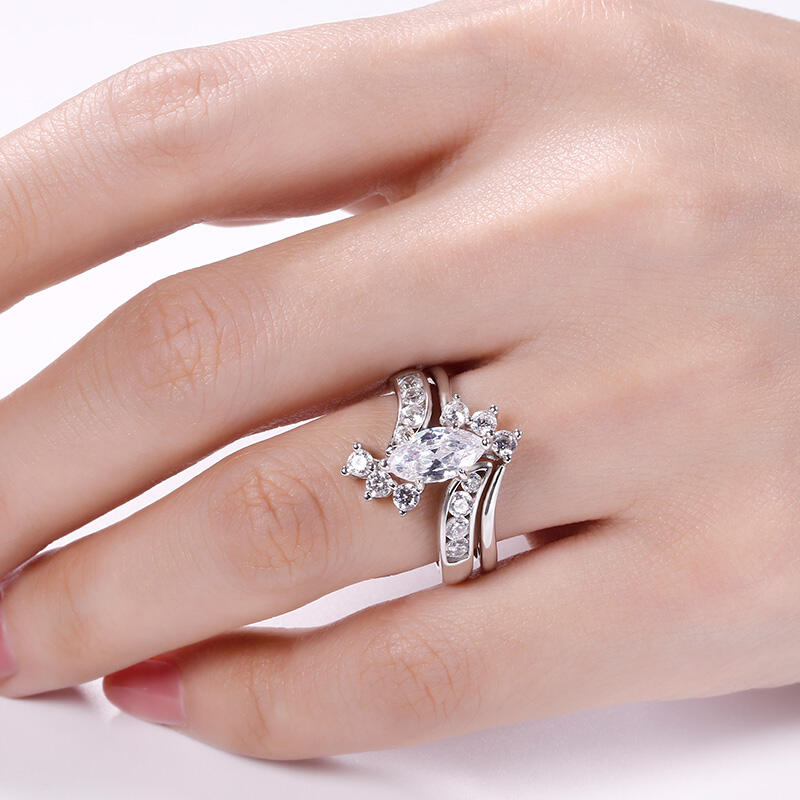 Jeulia Bypass Marquise Cut Sterling Silver Ring Set