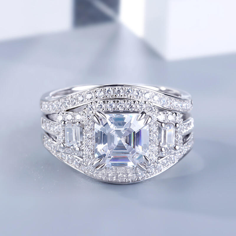 Jeulia Halo Three Stone Asscher Cut Sterling Silver Ring Set