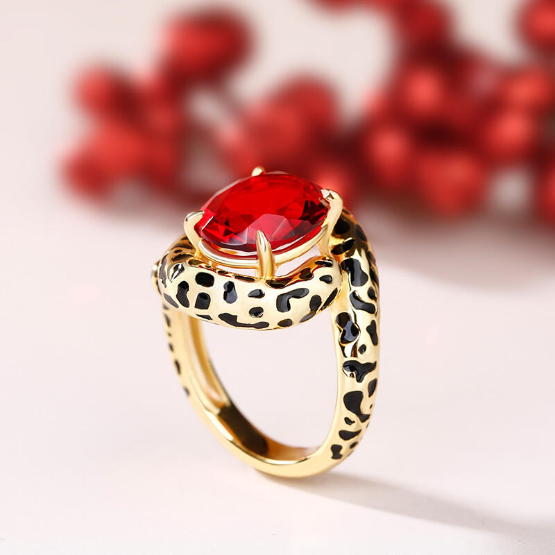 Jeulia Anel de prata esterlina 925 personalizado com estampa de leopardo e lapidação de gema vermelha redonda