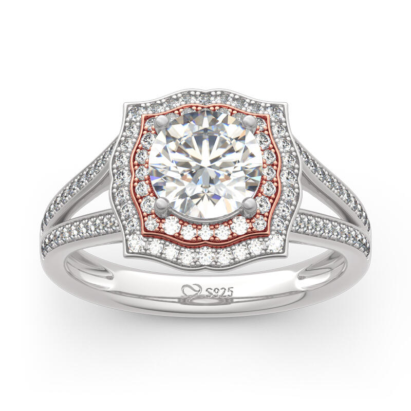 Jeulia Anillo de plata esterlina con halo redondo de dos tonos