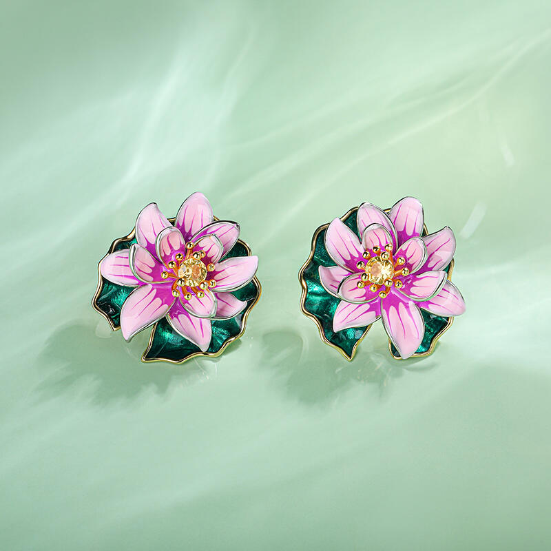 Jeulia "Lotus Flowering" Water Lilies Inspired Enamel Sterling Silver Earrings