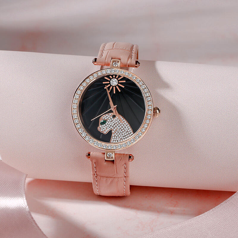 Jeulia "Wilde Schönheit" Leopard  Rosa Uhr Lederarmband mit schwarzem Zifferblatt