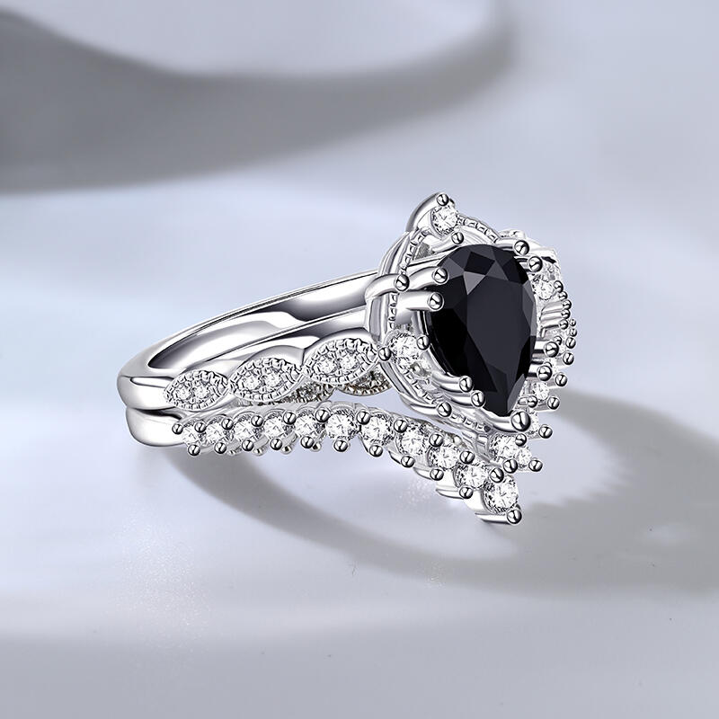 Jeulia Conjunto de Anillos de Plata de Ley con Corte de Pera de Estilo Art Deco