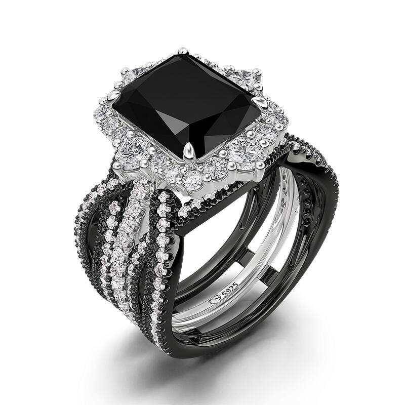 Jeulia Juego de Anillos de Compromiso Halo Radiante Negro Intercambiable y Trenzado