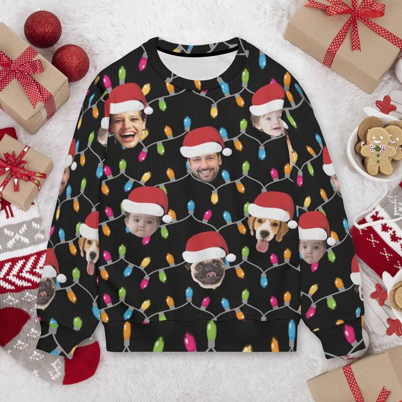 Maglione brutto personalizzato Unisex con foto personalizzata Cappello da Babbo Natale Design divertente Regalo di Natale per la famiglia