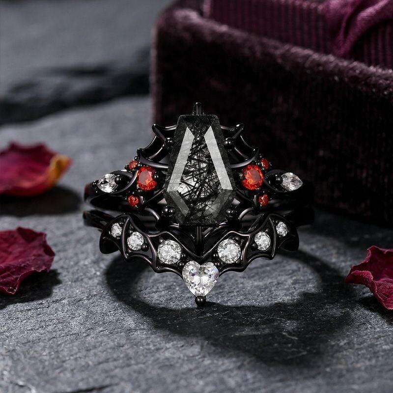 Coffin Cut Black Rutilated Quartz Ring Set