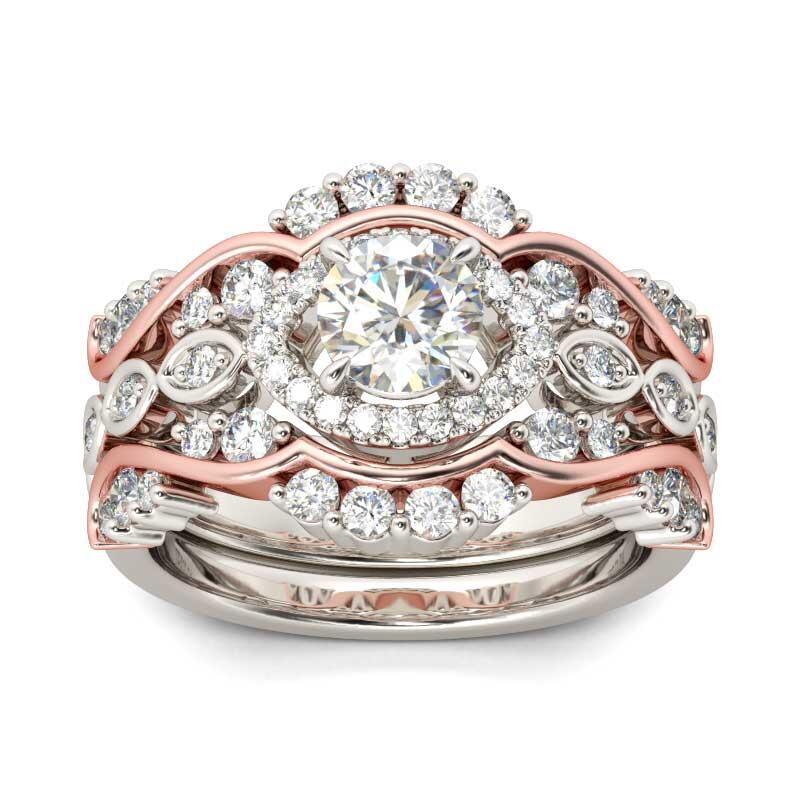 Jeulia Conjunto De Anillos Con Dos Tonos De Halo De Talla Redonda En Plata De Ley