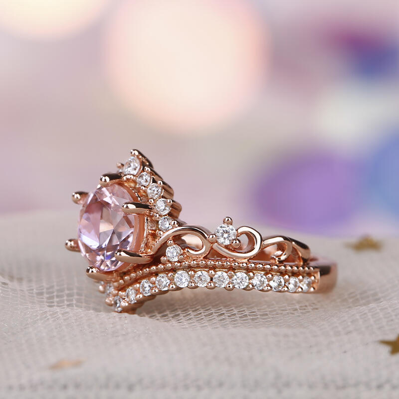 Jeulia Crown Design Round Cut Synthetic Morganite Sterling Silver Ring
