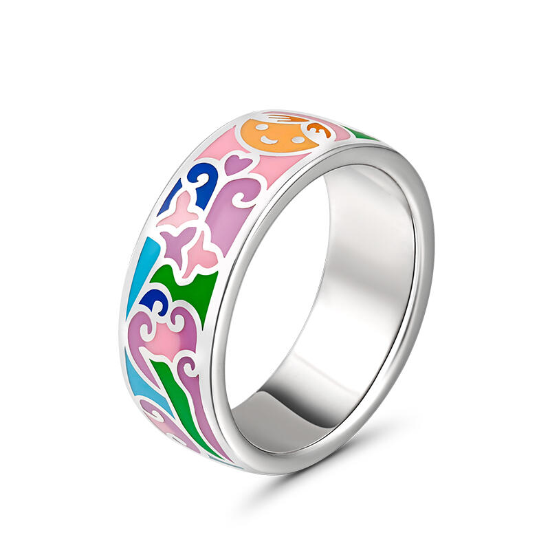 Jeulia Anillos de mujer de plata de ley con esmalte de flor y caras sonrientes