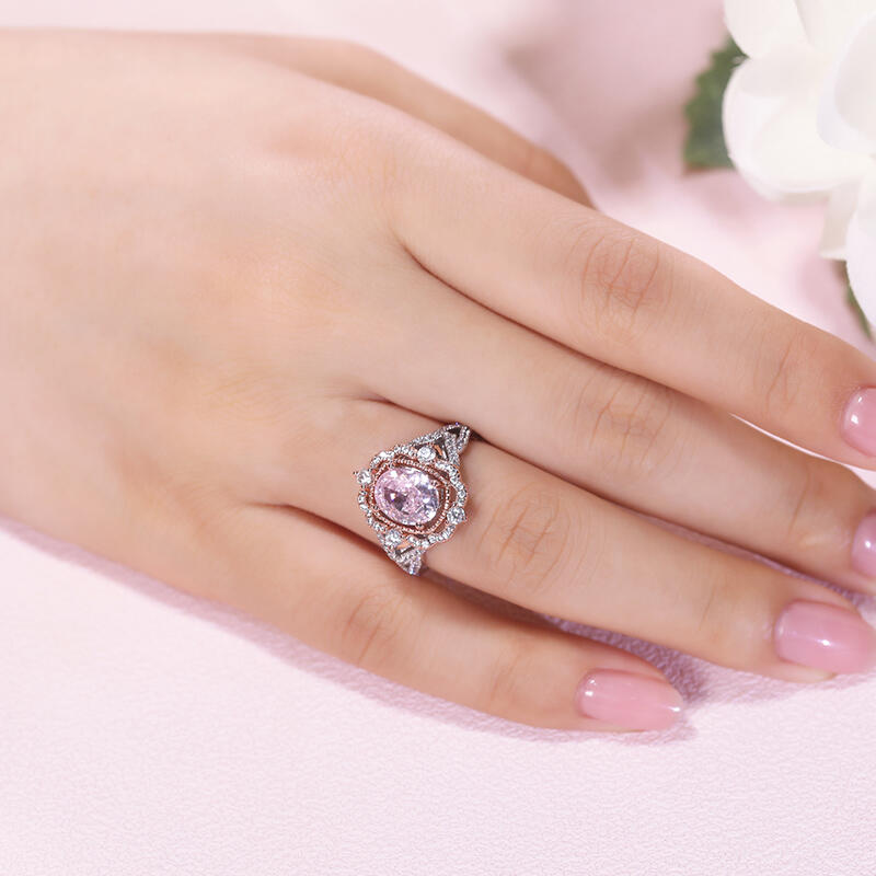 Jeulia Prinsessan Aura Tvåtonig Halo Oval Skär Syntetisk Morganit Sterlingsilver Ring