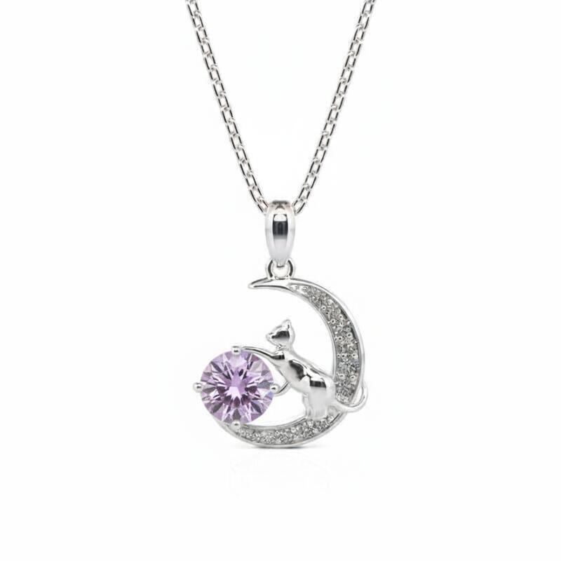 Jeulia "Cat on the Moon" Custom Birthstone Necklace Sterling Silver