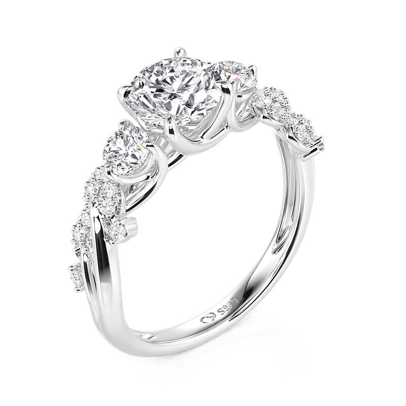 Jeulia Round Three-Stone Leaf Engagement Ring
