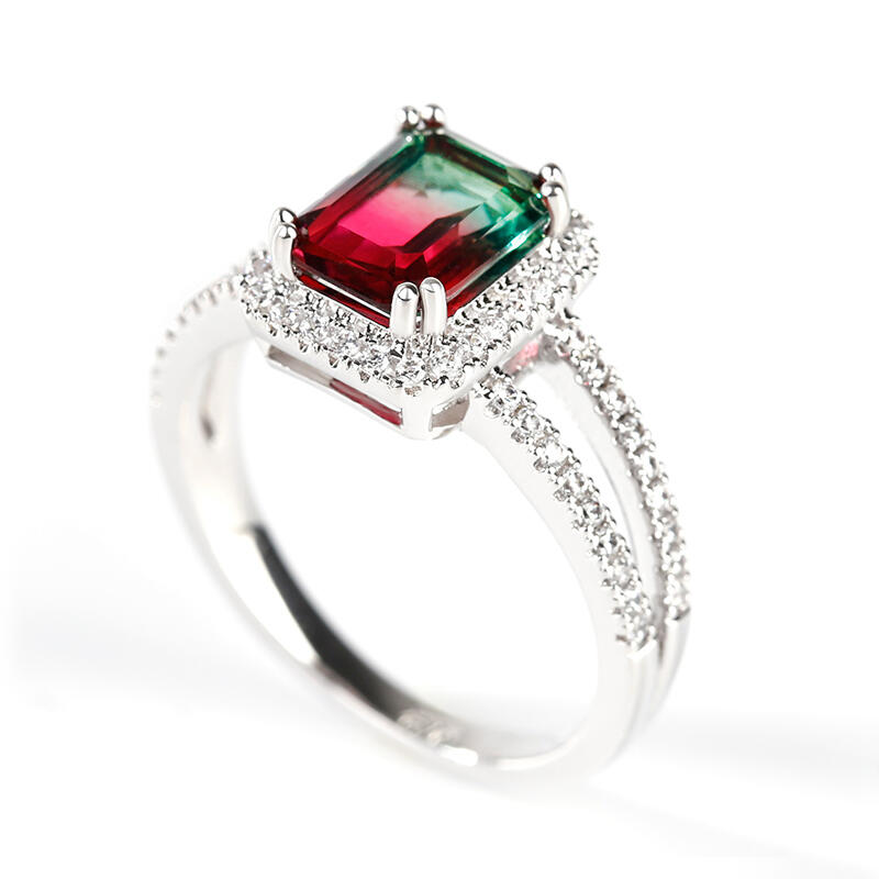 Jeulia "One of a kind" Emerald Cut Sterling Silver Watermelon Ring