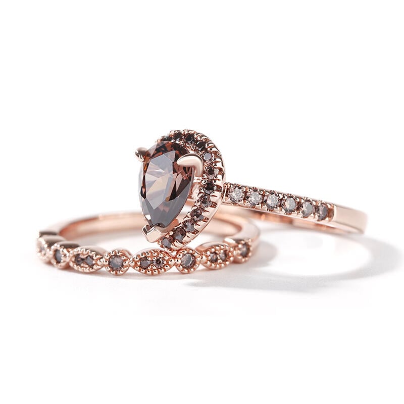 Jeulia Halo Milgrain Pear Cut Sterling Silver Ring Set